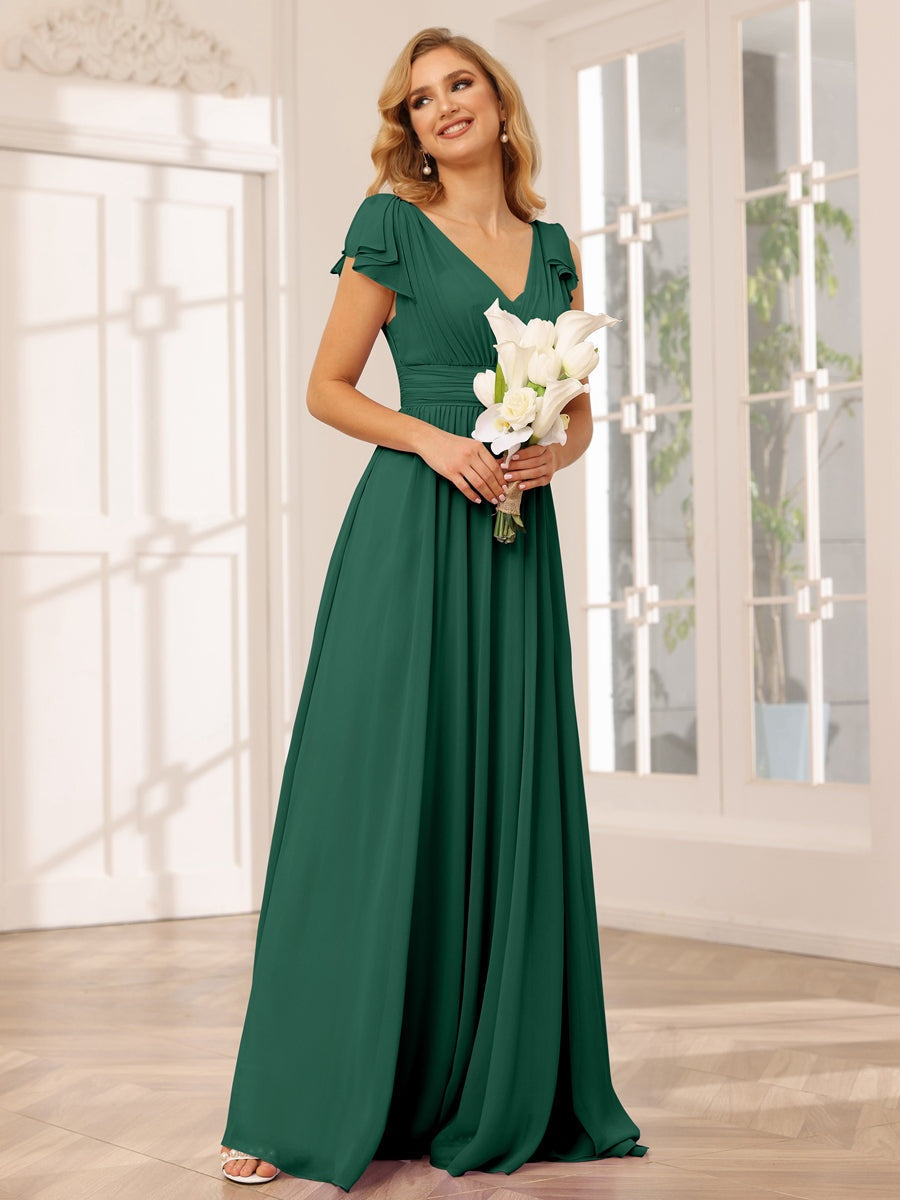 Princess A-Line V-Neck Long Bridesmaid Dresses with Ruffles and Short Sleeves