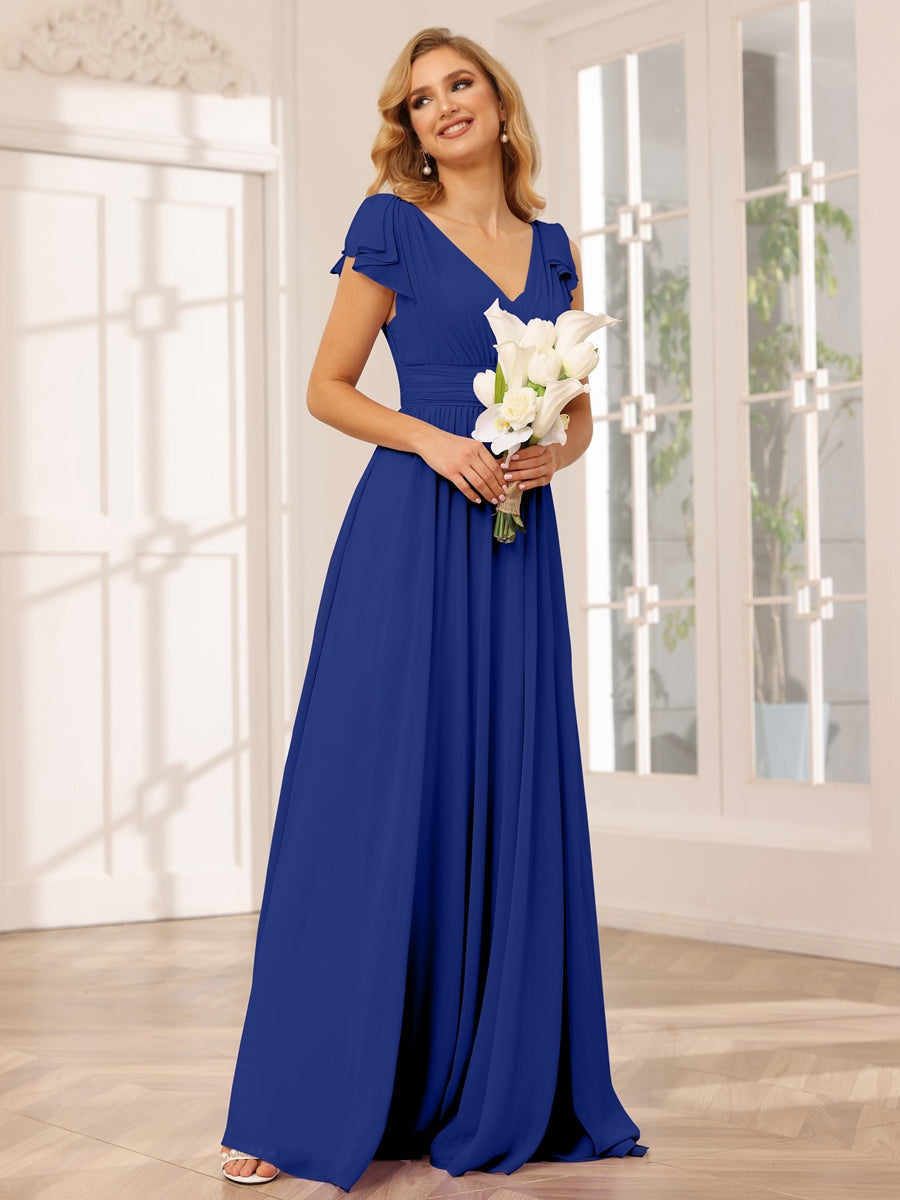 Princess A-Line V-Neck Long Bridesmaid Dresses with Ruffles and Short Sleeves