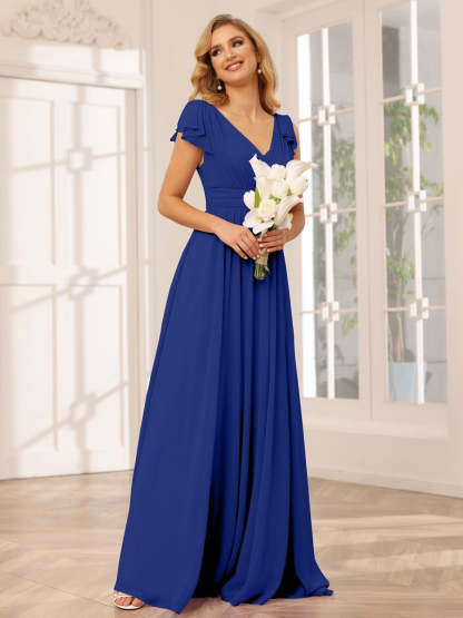 Princess A-Line V-Neck Long Bridesmaid Dresses with Ruffles and Short Sleeves