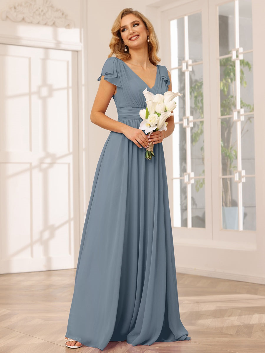 Princess A-Line V-Neck Long Bridesmaid Dresses with Ruffles and Short Sleeves