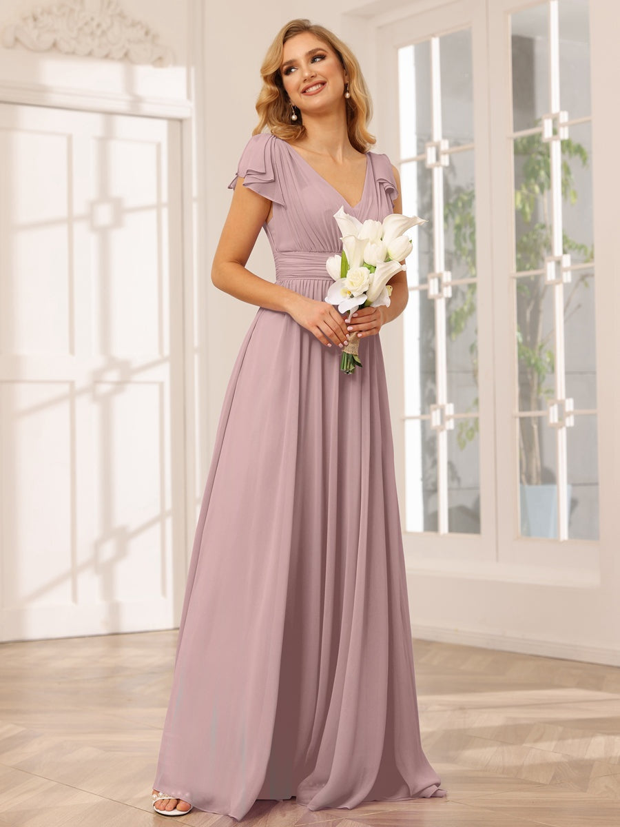 Princess A-Line V-Neck Long Bridesmaid Dresses with Ruffles and Short Sleeves