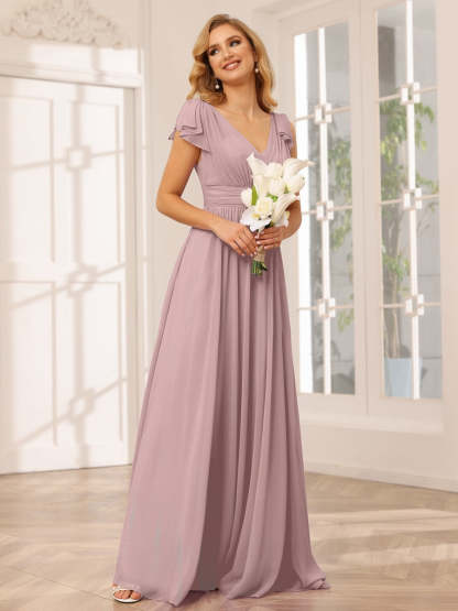Princess A-Line V-Neck Long Bridesmaid Dresses with Ruffles and Short Sleeves