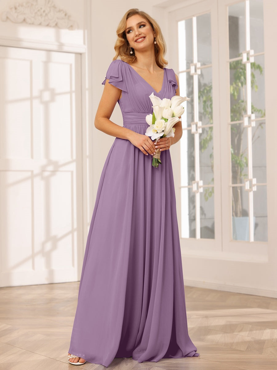 Princess A-Line V-Neck Long Bridesmaid Dresses with Ruffles and Short Sleeves