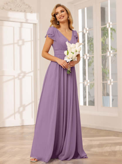 Princess A-Line V-Neck Long Bridesmaid Dresses with Ruffles and Short Sleeves