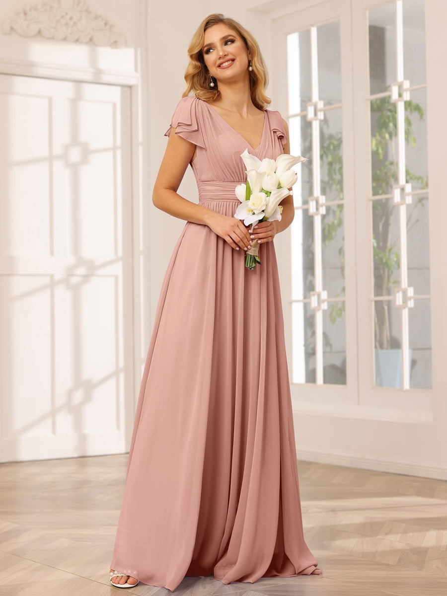 Princess A-Line V-Neck Long Bridesmaid Dresses with Ruffles and Short Sleeves
