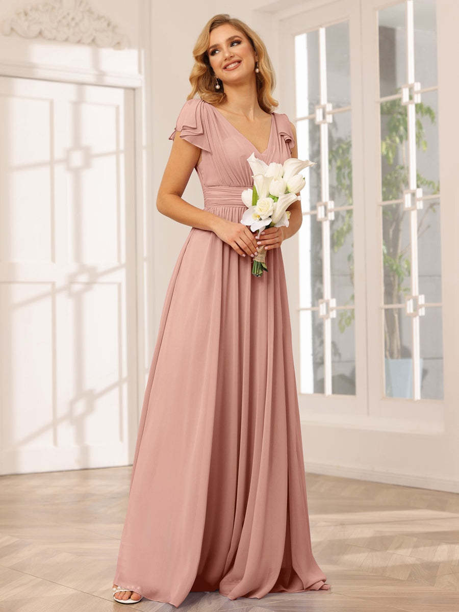 Princess A-Line V-Neck Long Bridesmaid Dresses with Ruffles and Short Sleeves