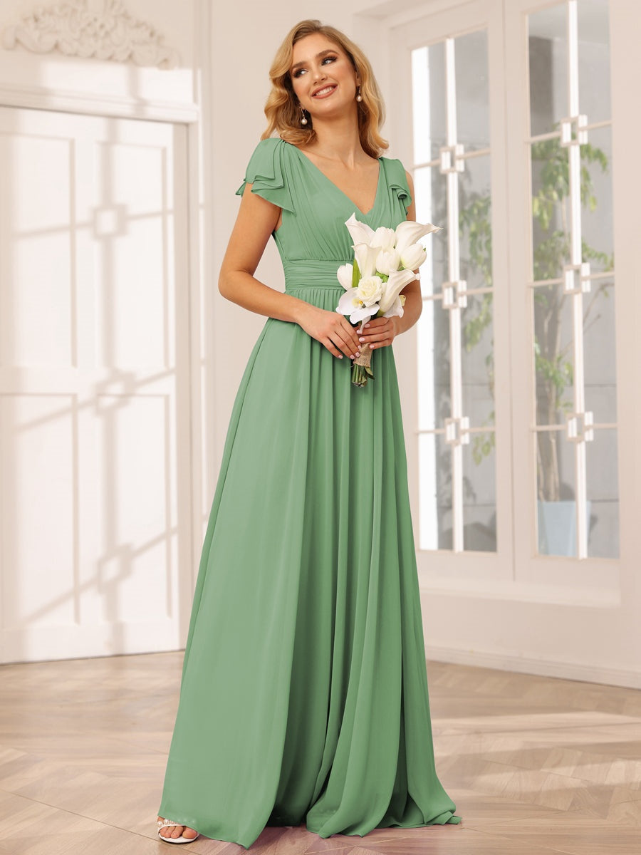 Princess A-Line V-Neck Long Bridesmaid Dresses with Ruffles and Short Sleeves