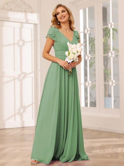 Princess A-Line V-Neck Long Bridesmaid Dresses with Ruffles and Short Sleeves