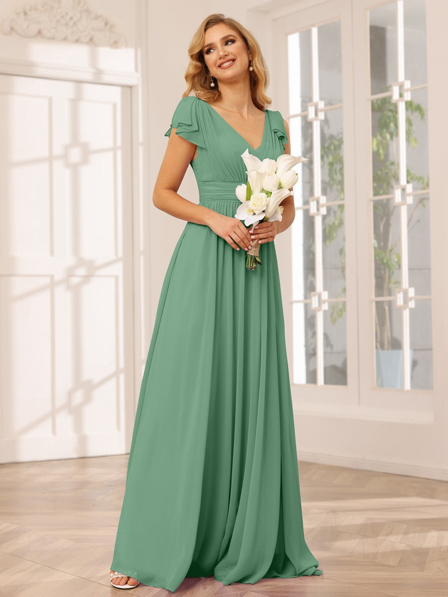 Princess A-Line V-Neck Long Bridesmaid Dresses with Ruffles and Short Sleeves