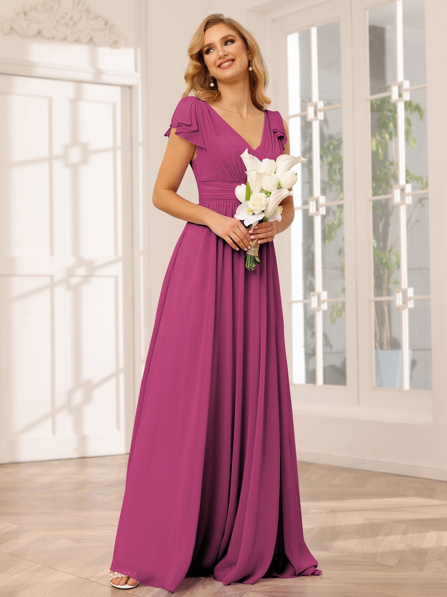 Princess A-Line V-Neck Long Bridesmaid Dresses with Ruffles and Short Sleeves