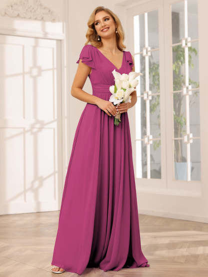 Princess A-Line V-Neck Long Bridesmaid Dresses with Ruffles and Short Sleeves