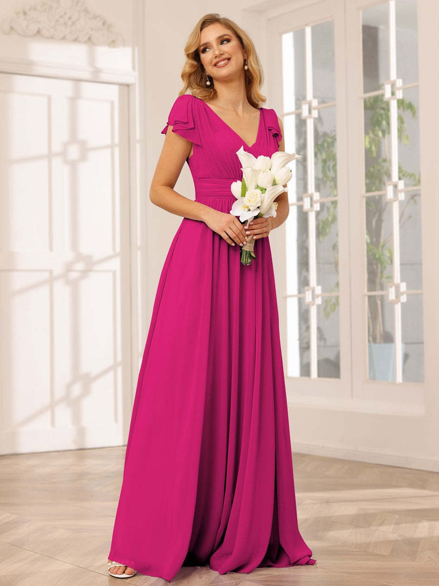 Princess A-Line V-Neck Long Bridesmaid Dresses with Ruffles and Short Sleeves