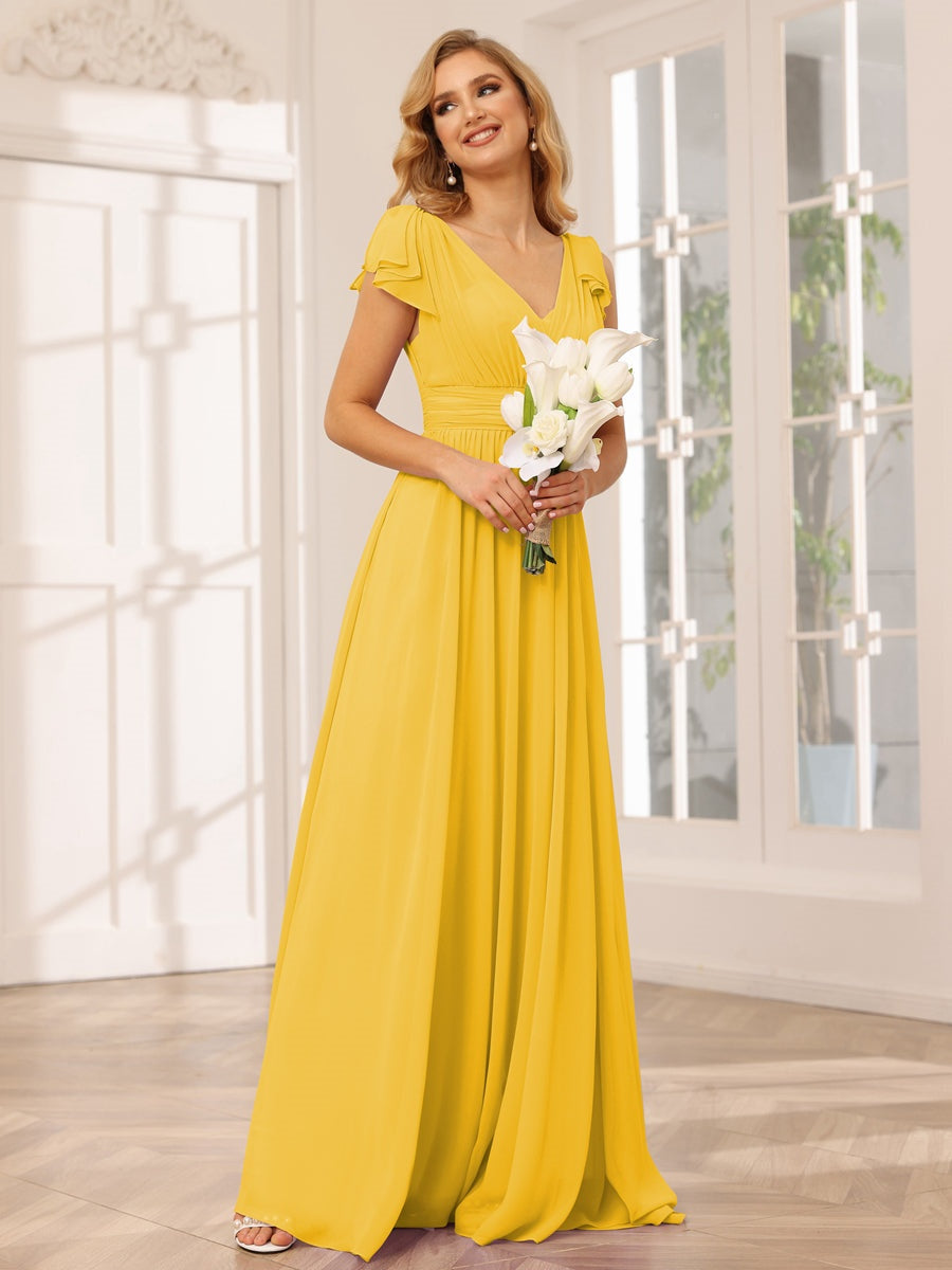 Princess A-Line V-Neck Long Bridesmaid Dresses with Ruffles and Short Sleeves
