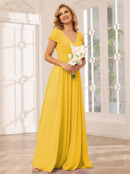 Princess A-Line V-Neck Long Bridesmaid Dresses with Ruffles and Short Sleeves