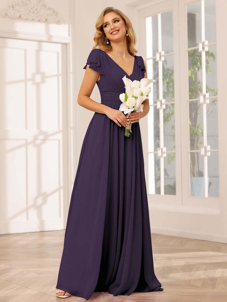 Princess A-Line V-Neck Long Bridesmaid Dresses with Ruffles and Short Sleeves