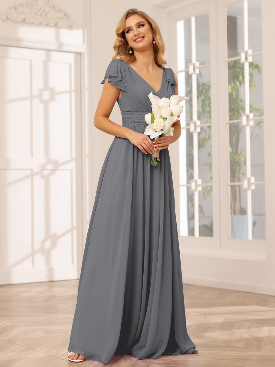 Princess A-Line V-Neck Long Bridesmaid Dresses with Ruffles and Short Sleeves