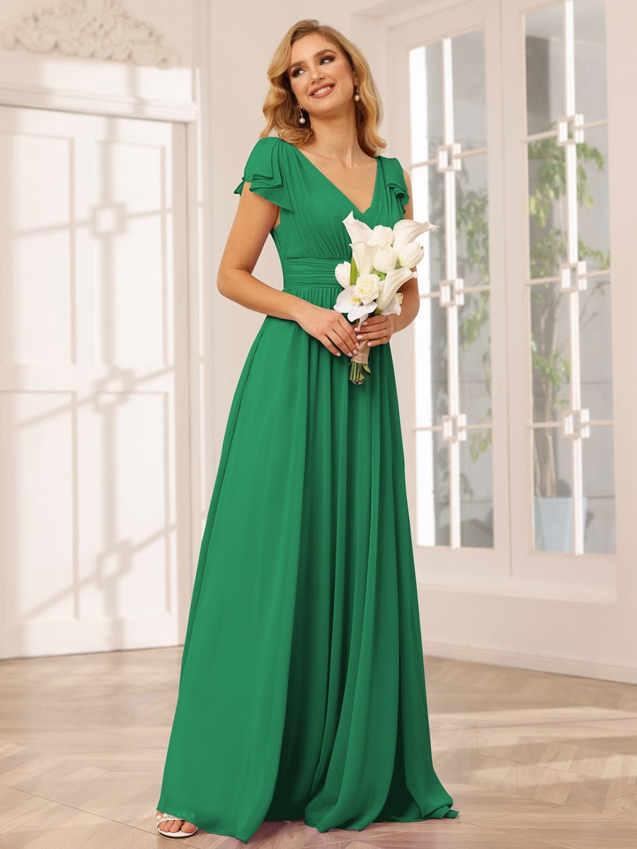 Princess A-Line V-Neck Long Bridesmaid Dresses with Ruffles and Short Sleeves