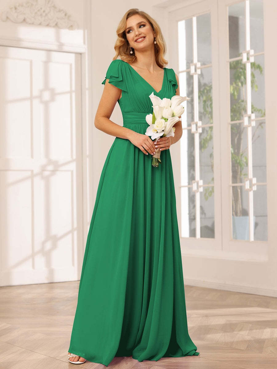 Princess A-Line V-Neck Long Bridesmaid Dresses with Ruffles and Short Sleeves