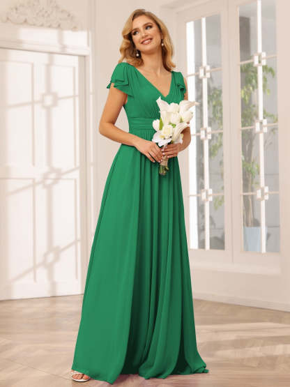 Princess A-Line V-Neck Long Bridesmaid Dresses with Ruffles and Short Sleeves