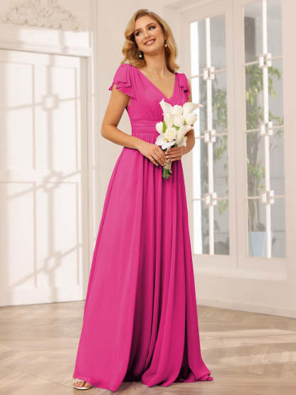 Princess A-Line V-Neck Long Bridesmaid Dresses with Ruffles and Short Sleeves