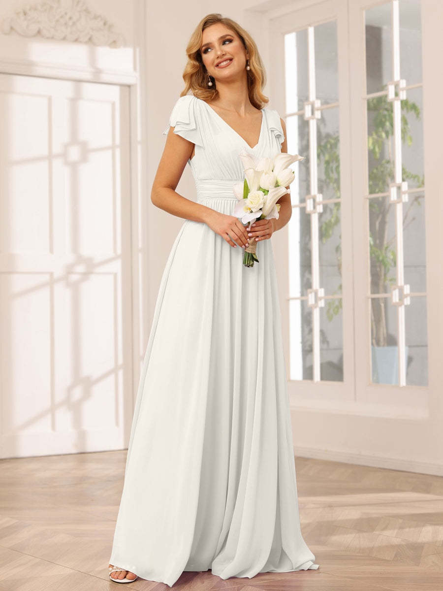 Princess A-Line V-Neck Long Bridesmaid Dresses with Ruffles and Short Sleeves