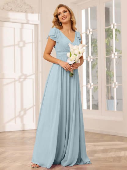 Princess A-Line V-Neck Long Bridesmaid Dresses with Ruffles and Short Sleeves