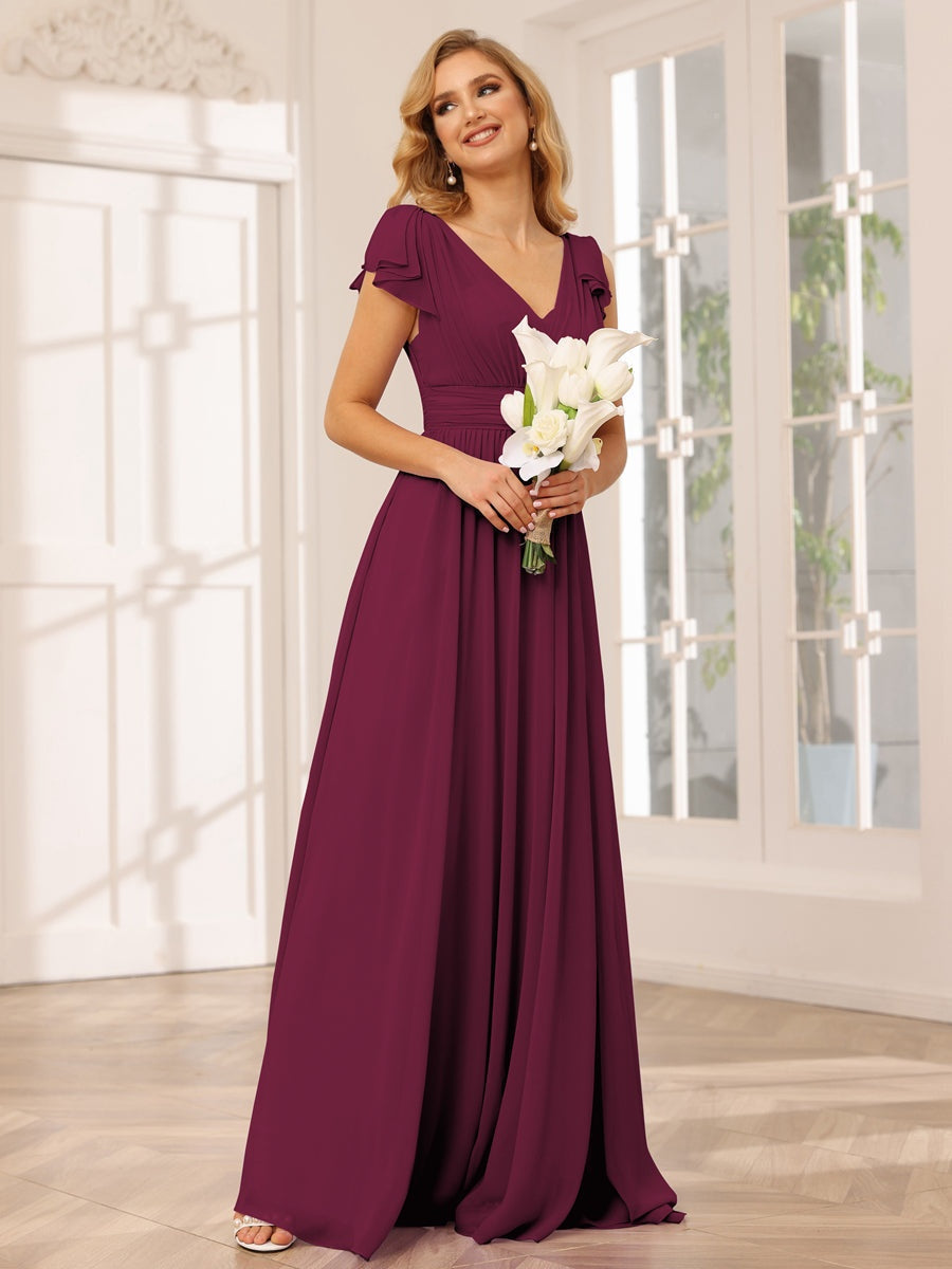 Princess A-Line V-Neck Long Bridesmaid Dresses with Ruffles and Short Sleeves