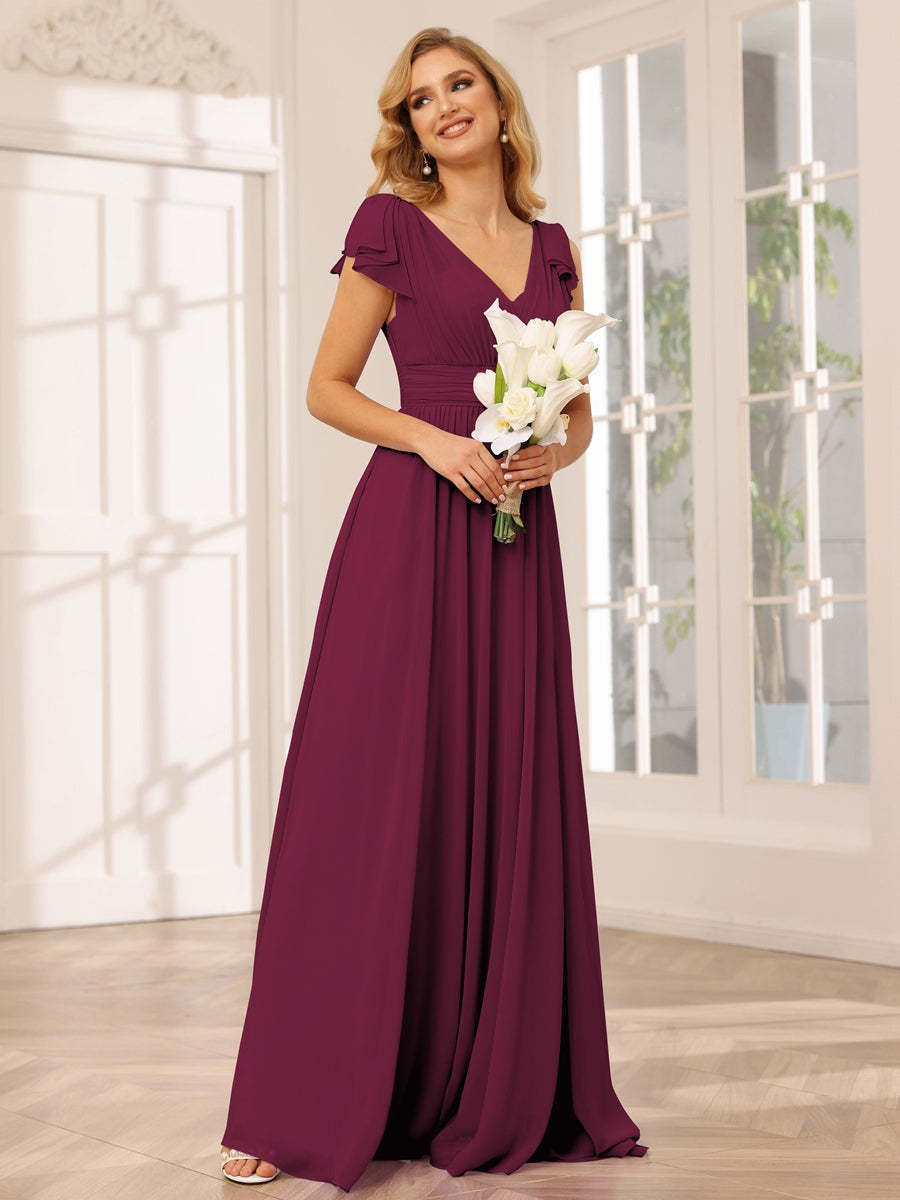 Princess A-Line V-Neck Long Bridesmaid Dresses with Ruffles and Short Sleeves