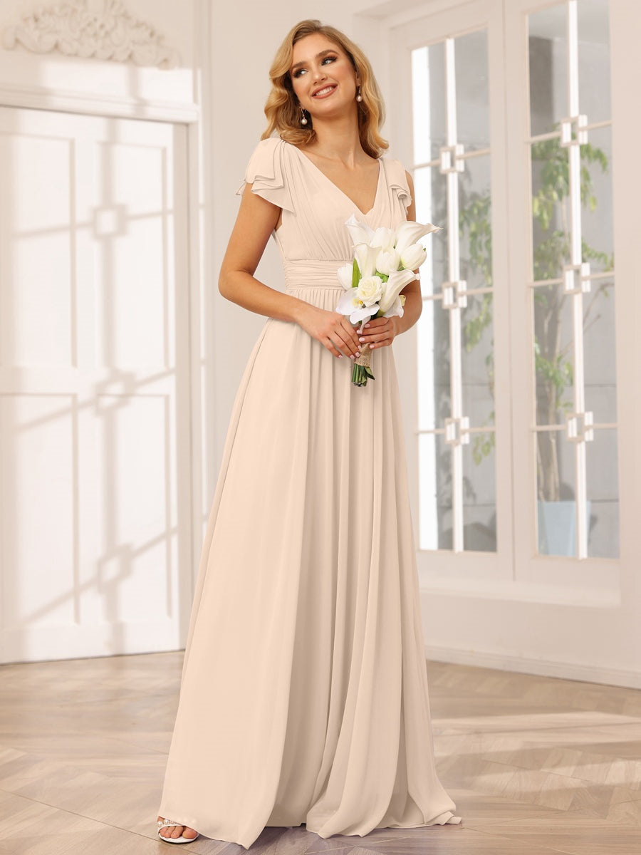 Princess A-Line V-Neck Long Bridesmaid Dresses with Ruffles and Short Sleeves