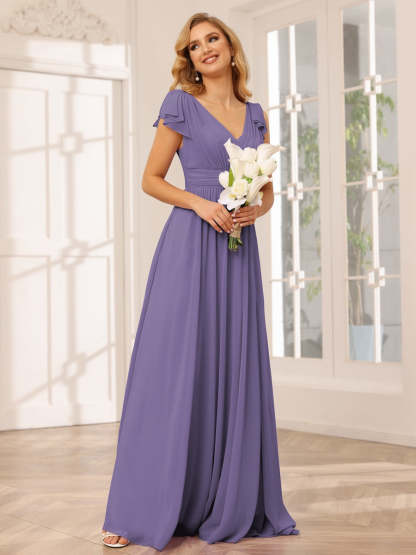Princess A-Line V-Neck Long Bridesmaid Dresses with Ruffles and Short Sleeves