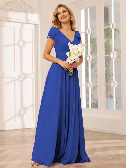 Princess A-Line V-Neck Long Bridesmaid Dresses with Ruffles and Short Sleeves
