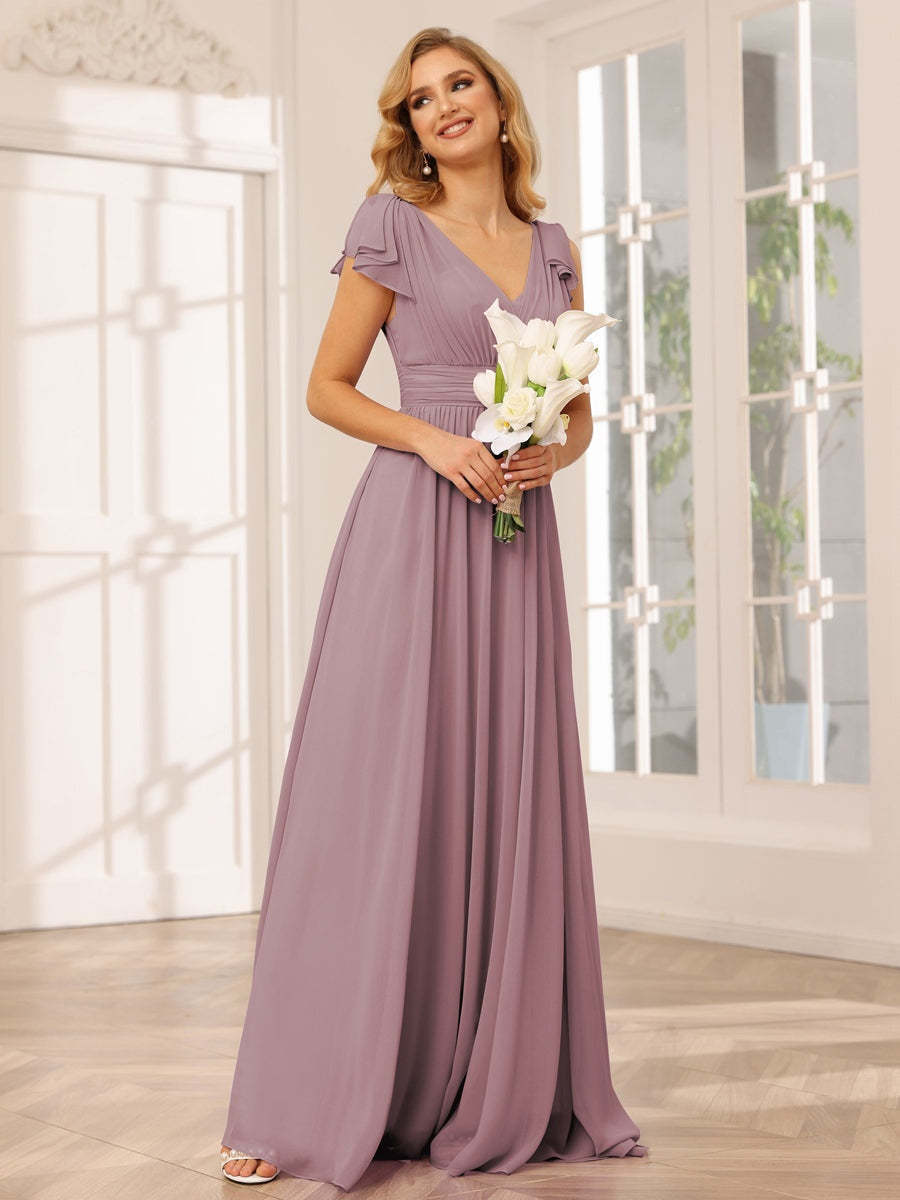 Princess A-Line V-Neck Long Bridesmaid Dresses with Ruffles and Short Sleeves