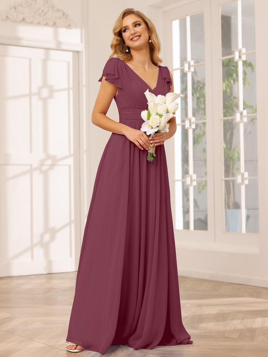 Princess A-Line V-Neck Long Bridesmaid Dresses with Ruffles and Short Sleeves