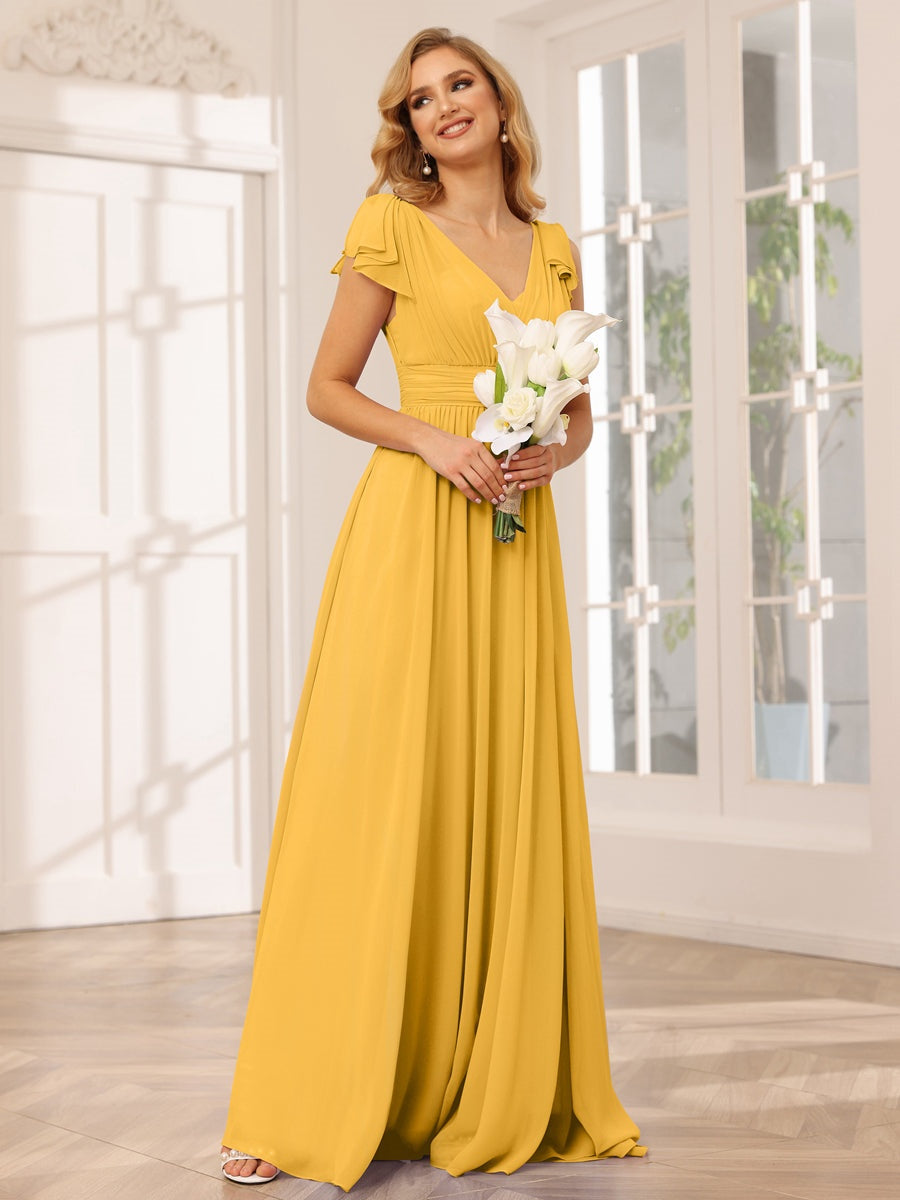 Princess A-Line V-Neck Long Bridesmaid Dresses with Ruffles and Short Sleeves