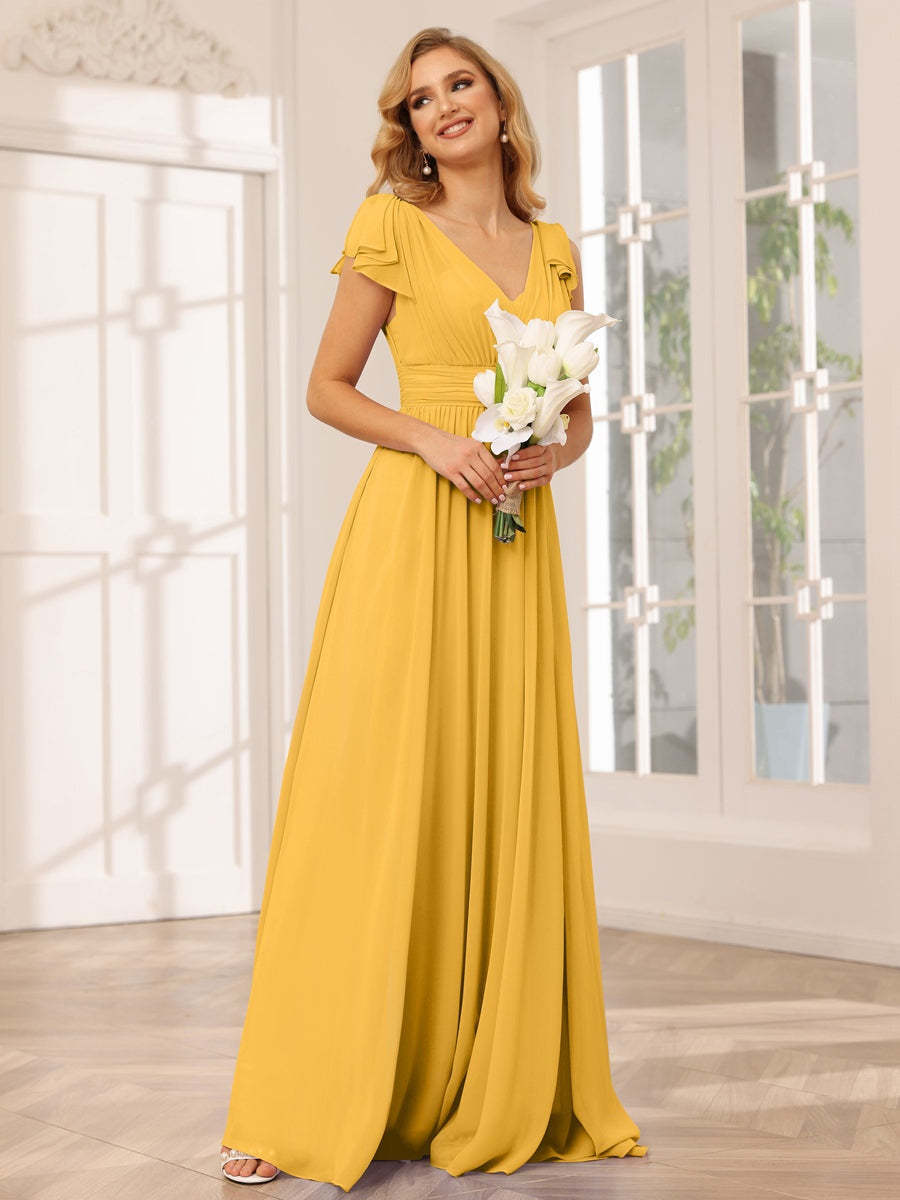 Princess A-Line V-Neck Long Bridesmaid Dresses with Ruffles and Short Sleeves