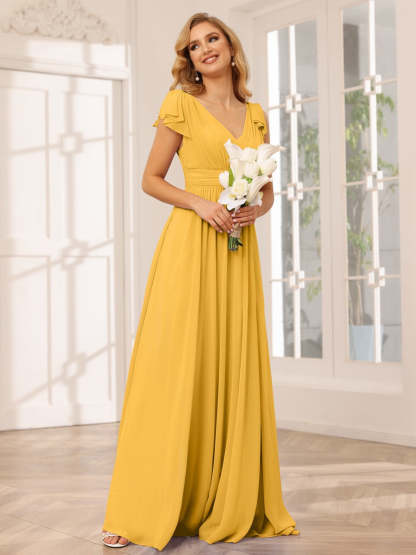 Princess A-Line V-Neck Long Bridesmaid Dresses with Ruffles and Short Sleeves