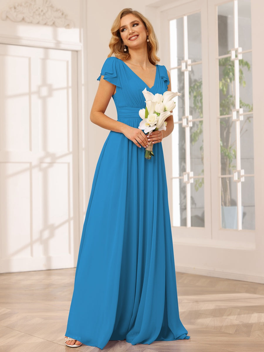 Princess A-Line V-Neck Long Bridesmaid Dresses with Ruffles and Short Sleeves