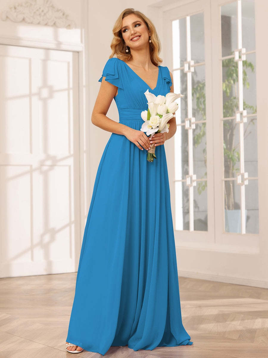 Princess A-Line V-Neck Long Bridesmaid Dresses with Ruffles and Short Sleeves