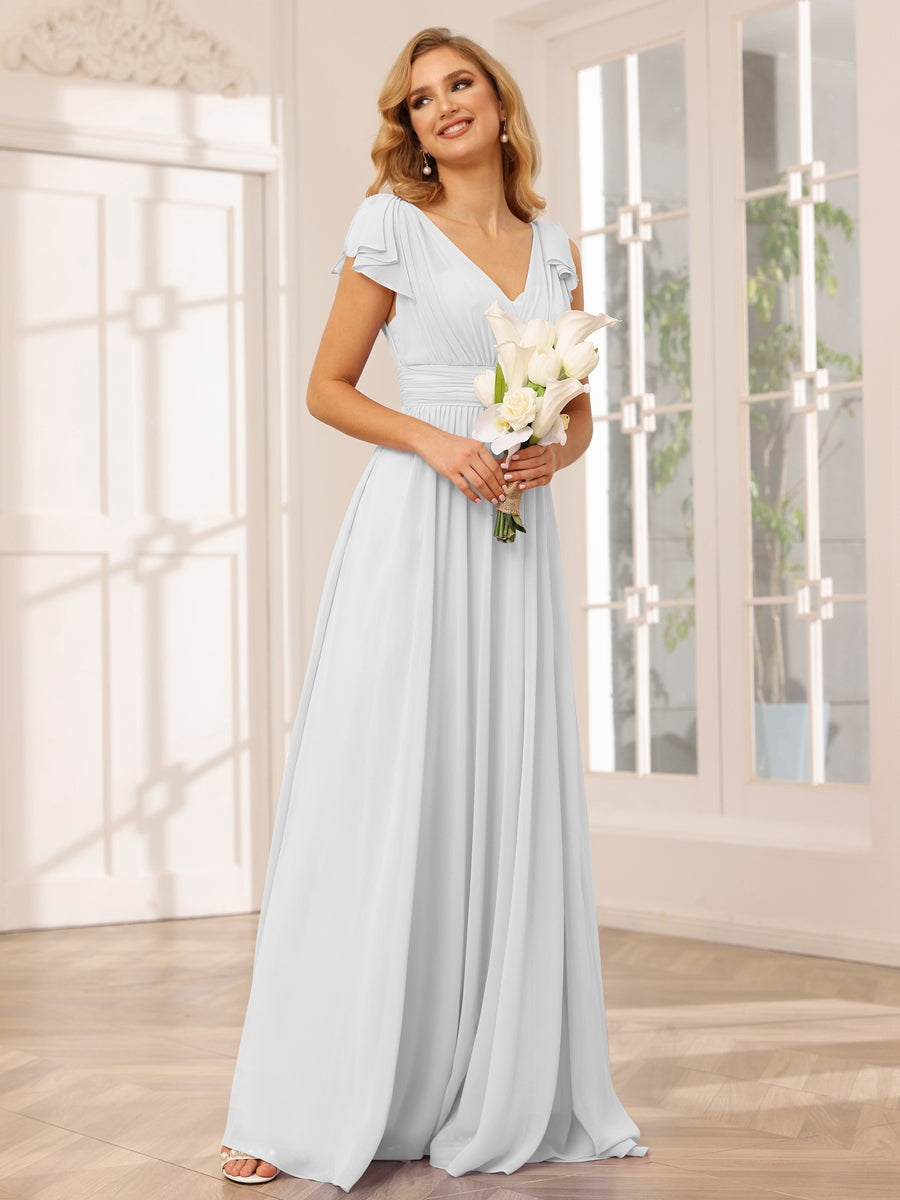 Princess A-Line V-Neck Long Bridesmaid Dresses with Ruffles and Short Sleeves
