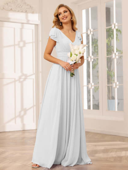 Princess A-Line V-Neck Long Bridesmaid Dresses with Ruffles and Short Sleeves