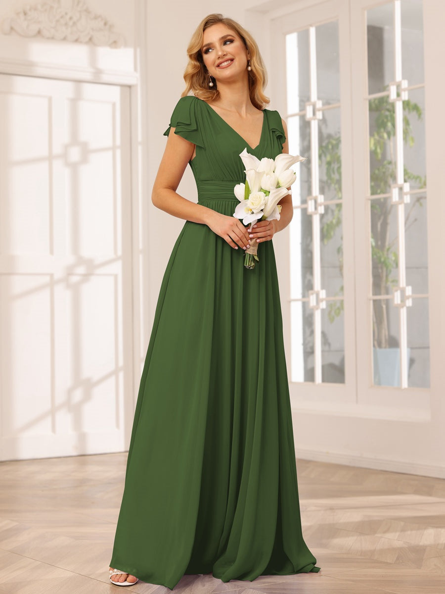 Princess A-Line V-Neck Long Bridesmaid Dresses with Ruffles and Short Sleeves