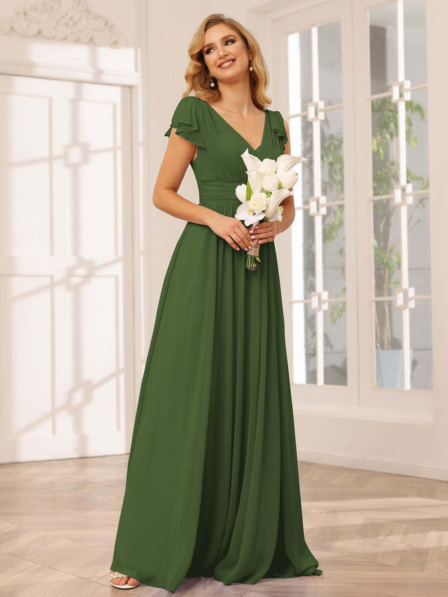 Princess A-Line V-Neck Long Bridesmaid Dresses with Ruffles and Short Sleeves