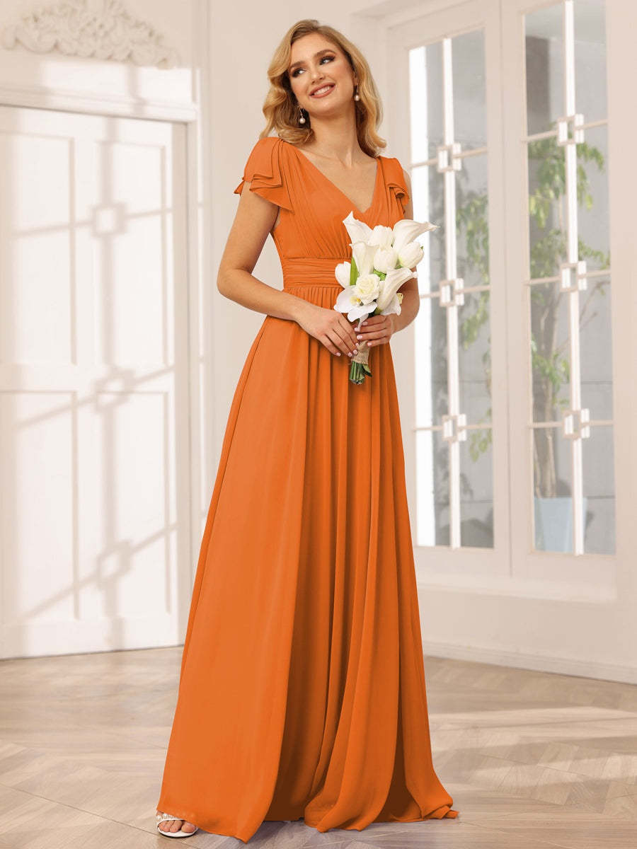 Princess A-Line V-Neck Long Bridesmaid Dresses with Ruffles and Short Sleeves