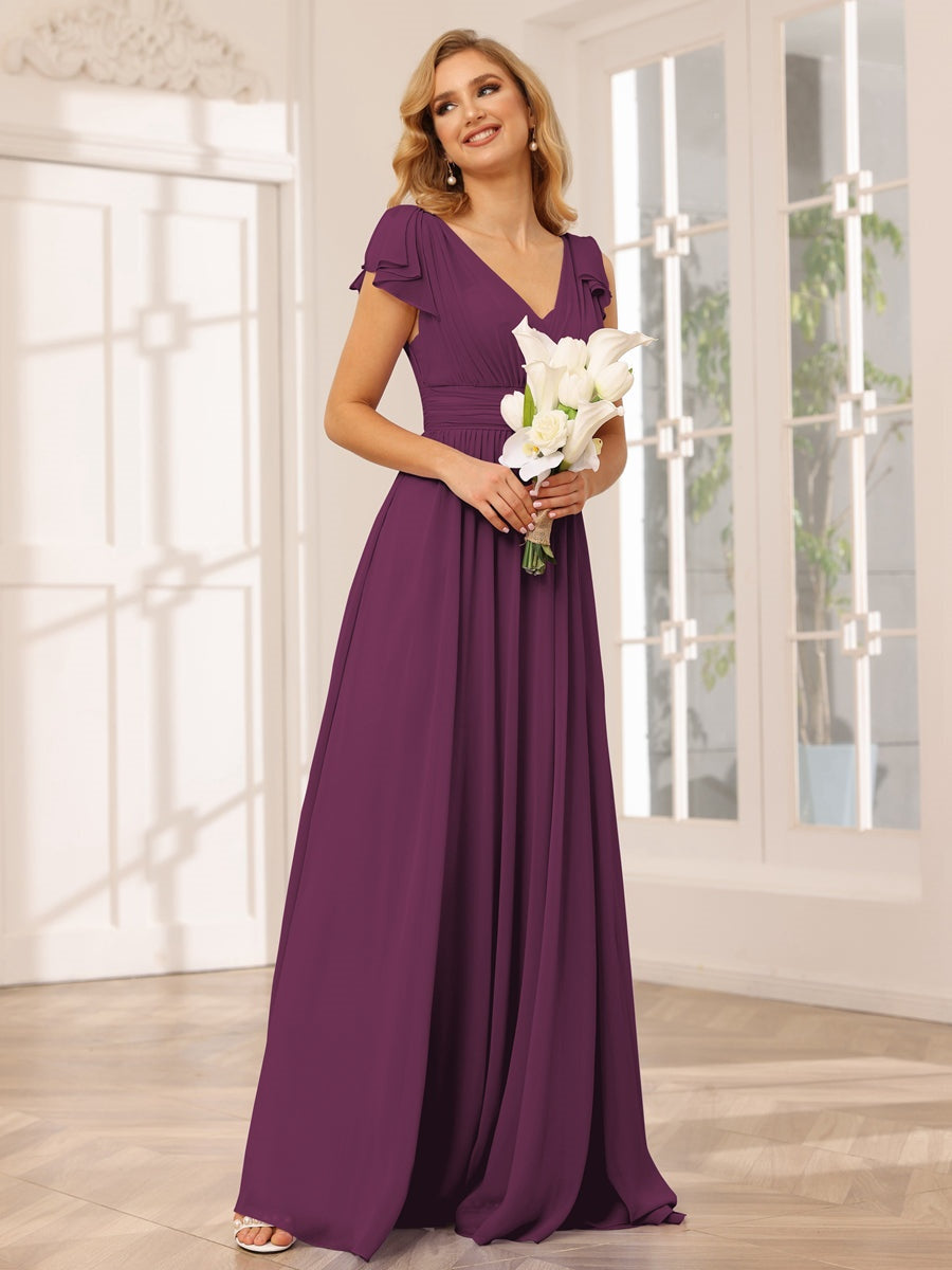 Princess A-Line V-Neck Long Bridesmaid Dresses with Ruffles and Short Sleeves