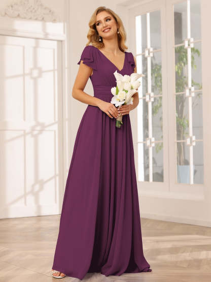 Princess A-Line V-Neck Long Bridesmaid Dresses with Ruffles and Short Sleeves