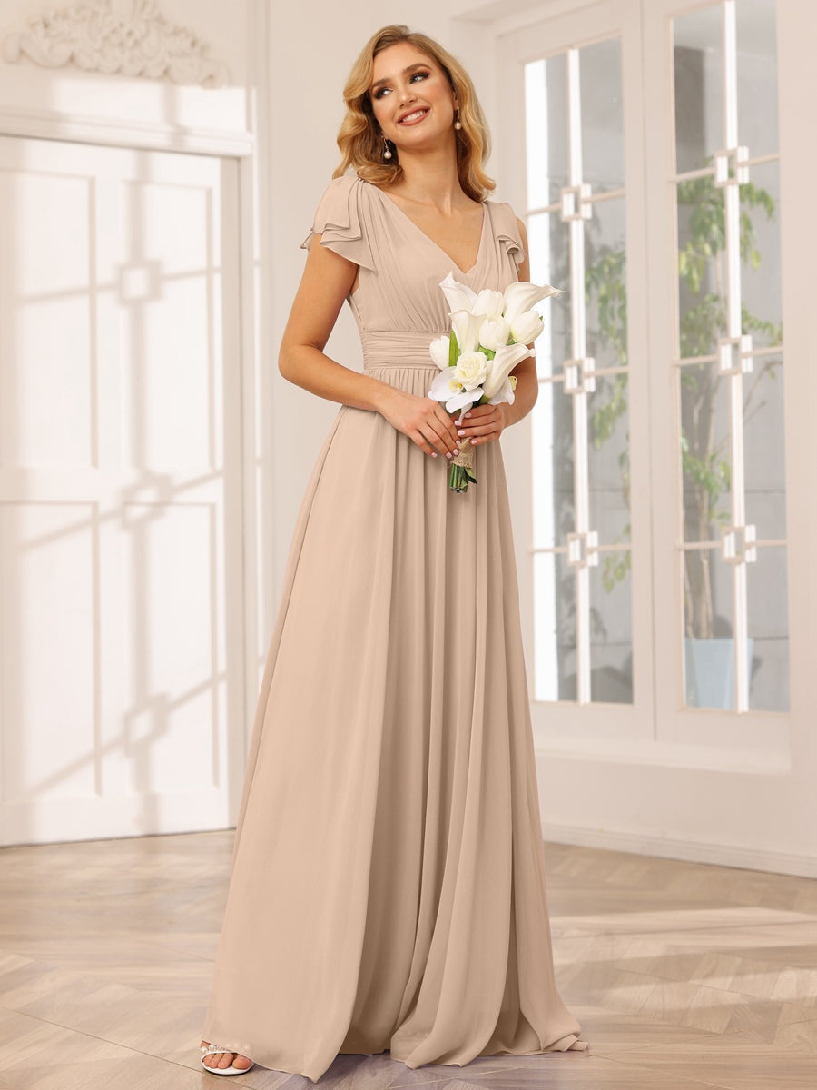 Princess A-Line V-Neck Long Bridesmaid Dresses with Ruffles and Short Sleeves