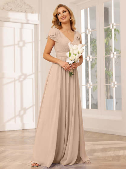 Princess A-Line V-Neck Long Bridesmaid Dresses with Ruffles and Short Sleeves
