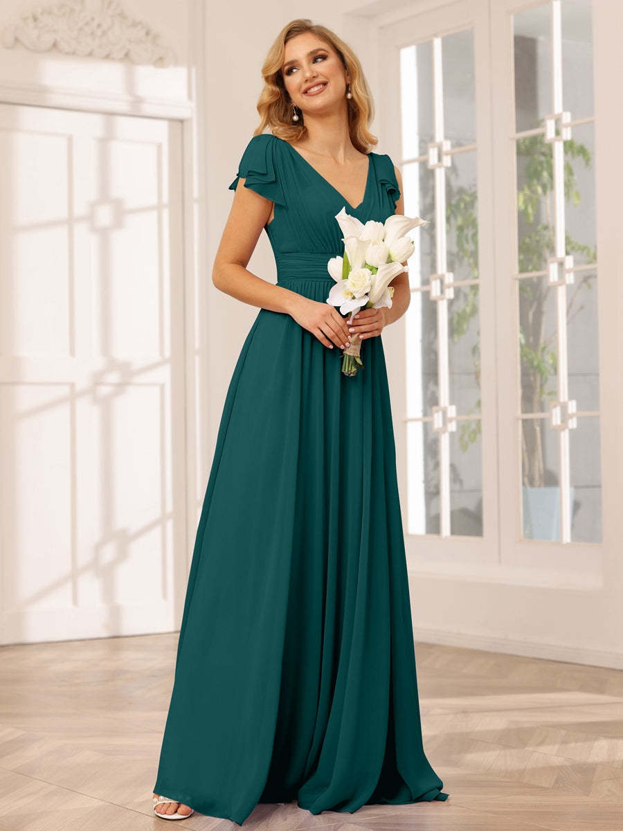 Princess A-Line V-Neck Long Bridesmaid Dresses with Ruffles and Short Sleeves