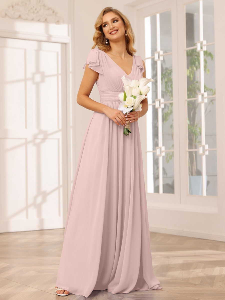 Princess A-Line V-Neck Long Bridesmaid Dresses with Ruffles and Short Sleeves
