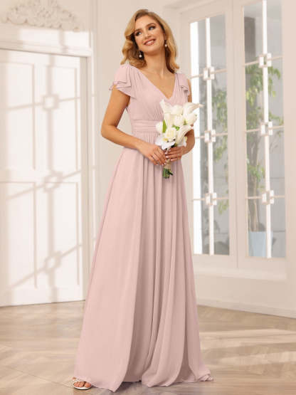 Princess A-Line V-Neck Long Bridesmaid Dresses with Ruffles and Short Sleeves